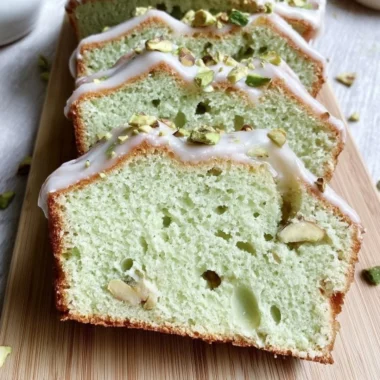 Slice of moist pistachio pudding bread with nuts on a wooden table