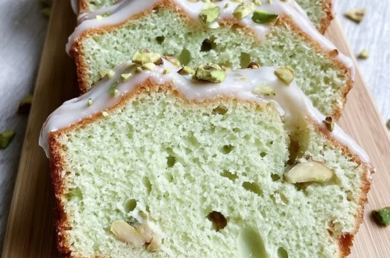 Slice of moist pistachio pudding bread with nuts on a wooden table