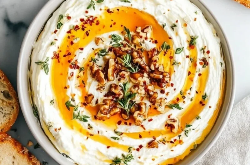 Creamy ricotta dip drizzled with hot honey served in a bowl
