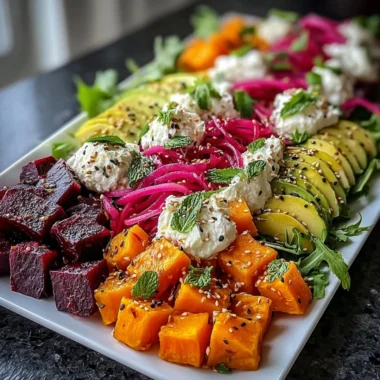 Roasted beet and sweet potato salad with avocado and whipped ricotta topped with lemon-tahini.