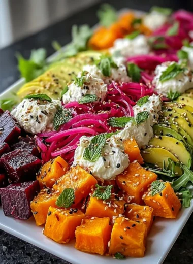 Roasted beet and sweet potato salad with avocado and whipped ricotta topped with lemon-tahini.