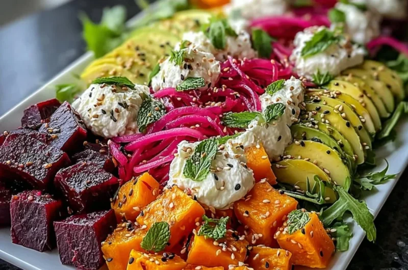 Roasted beet and sweet potato salad with avocado and whipped ricotta topped with lemon-tahini.
