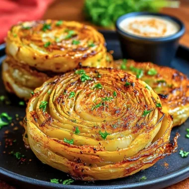 Roasted cabbage steaks drizzled with olive oil and spices, served on a plate.