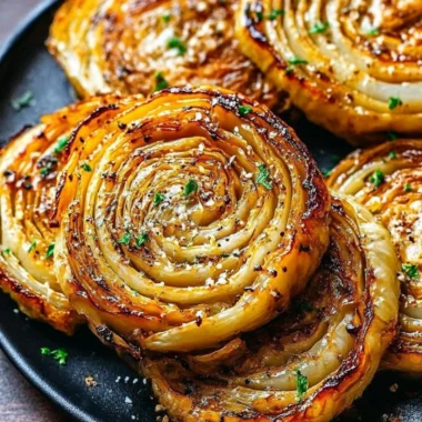 Roasted cabbage steaks served with a drizzle of olive oil and seasoning.
