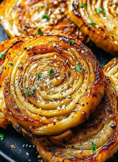 Roasted cabbage steaks served with a drizzle of olive oil and seasoning.