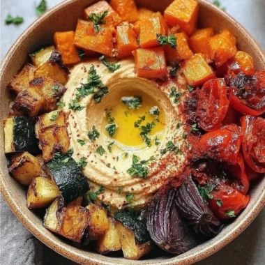 Roasted veggie and hummus bowl with colorful vegetables and creamy hummus