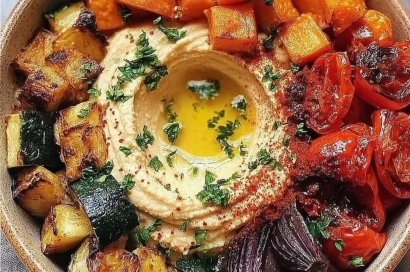 Roasted veggie and hummus bowl with colorful vegetables and creamy hummus