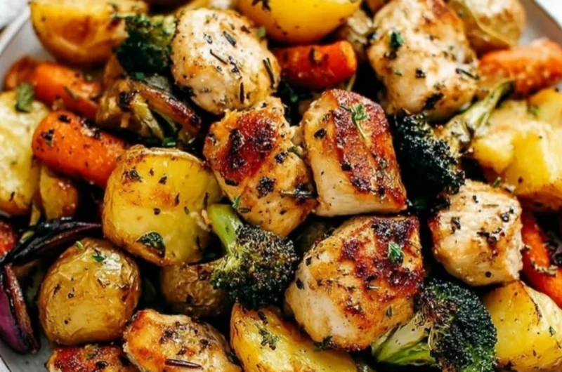 Sheet pan lemon herb chicken with colorful roasted vegetables