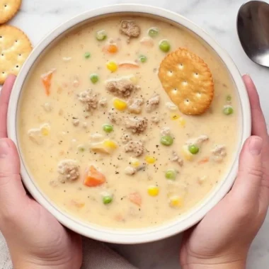 Bowl of delicious Shepherd's Pie Soup with vegetables and meat