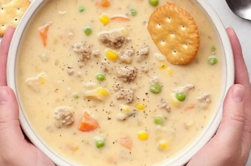 Bowl of delicious Shepherd's Pie Soup with vegetables and meat