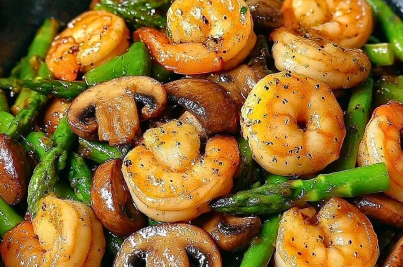 Shrimp Stir-Fry with asparagus and mushrooms in a colorful sautéed dish.