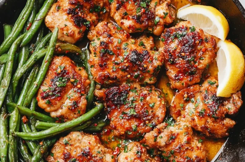Skillet Garlic Butter Chicken served with fresh green beans