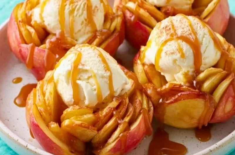 Slow Cooker Bloomin' Baked Apples topped with caramel and nuts