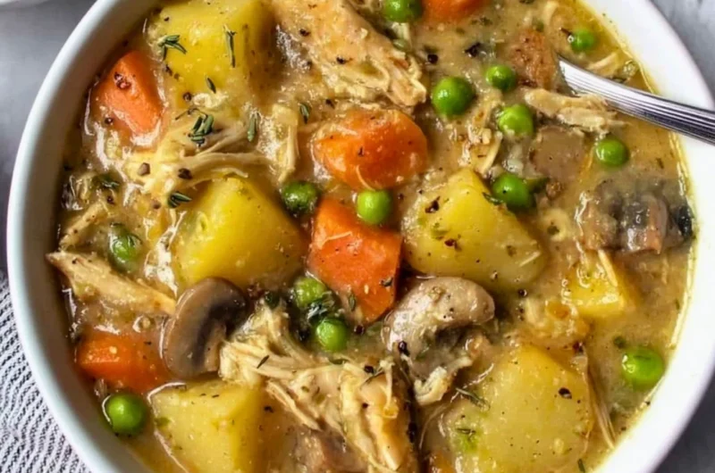 Bowl of delicious slow cooker chicken stew with vegetables.