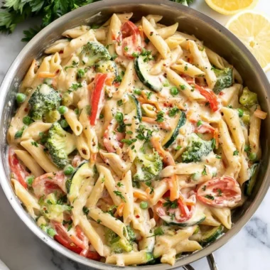 A vibrant bowl of spring pasta with fresh vegetables and herbs.