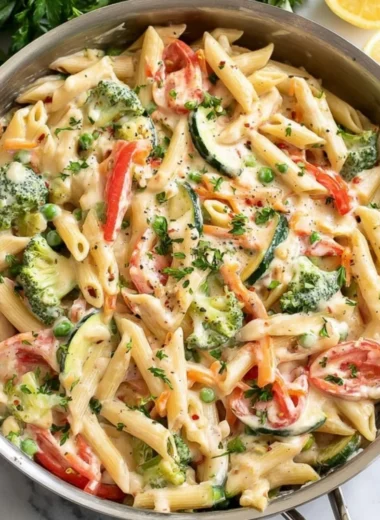 A vibrant bowl of spring pasta with fresh vegetables and herbs.