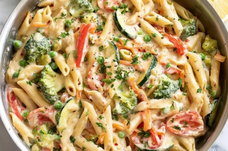 A vibrant bowl of spring pasta with fresh vegetables and herbs.