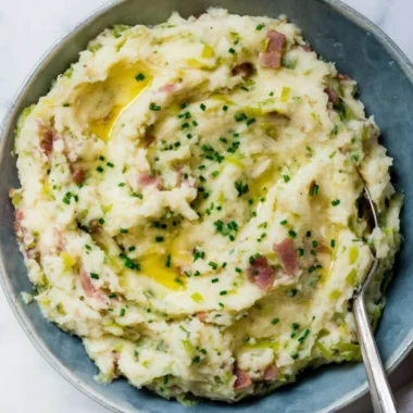 Delicious Colcannon with bacon, an Irish potato dish for St. Patrick's Day.