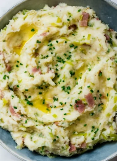 Delicious Colcannon with bacon, an Irish potato dish for St. Patrick's Day.