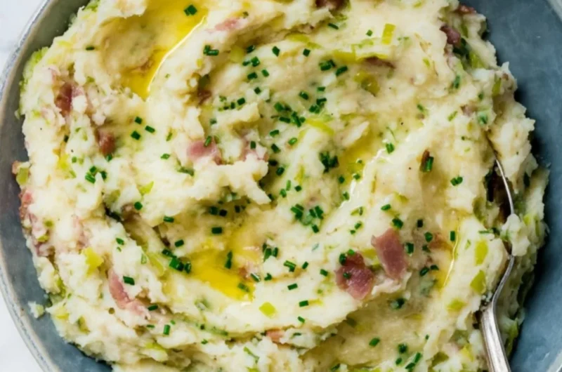Delicious Colcannon with bacon, an Irish potato dish for St. Patrick's Day.