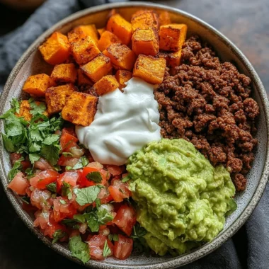 Vibrant sweet potato taco bowl filled with toppings and fresh ingredients.