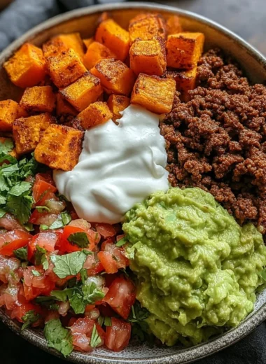 Vibrant sweet potato taco bowl filled with toppings and fresh ingredients.