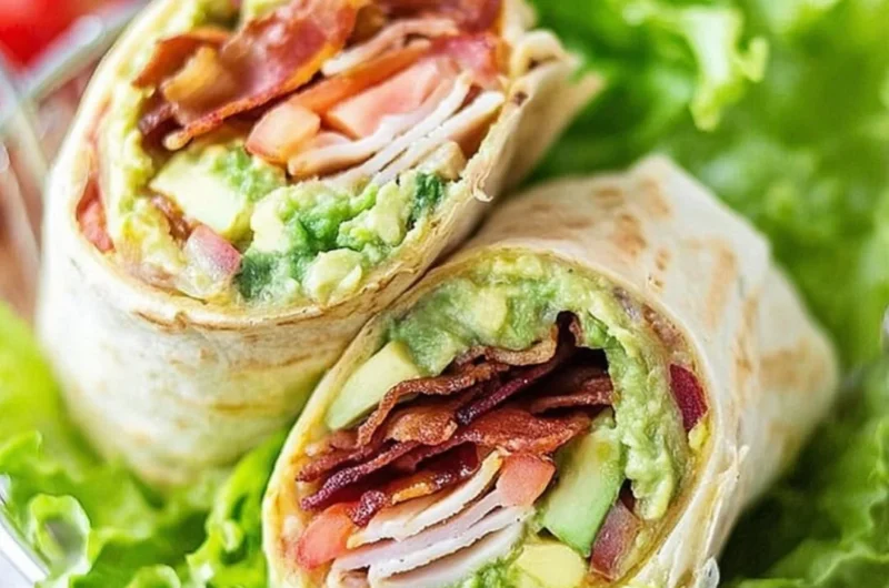 Delicious turkey bacon wrap with fresh vegetables and a light dressing
