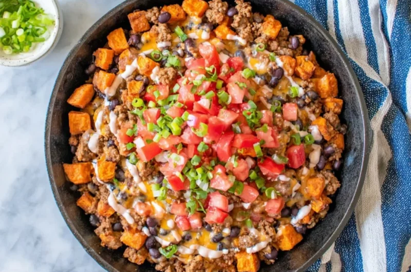 Turkey Sweet Potato Skillet with colorful vegetables in a cast-iron pan