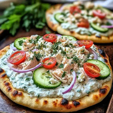 Delicious Tzatziki Chicken Pizza topped with fresh ingredients and tzatziki sauce