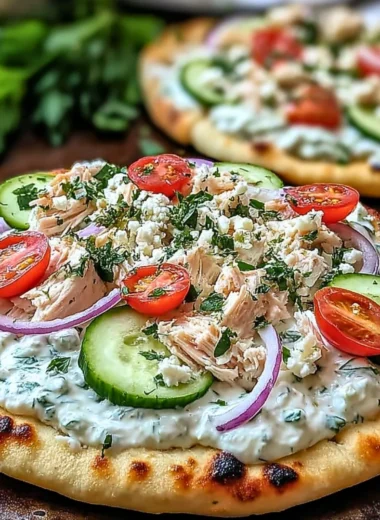 Delicious Tzatziki Chicken Pizza topped with fresh ingredients and tzatziki sauce