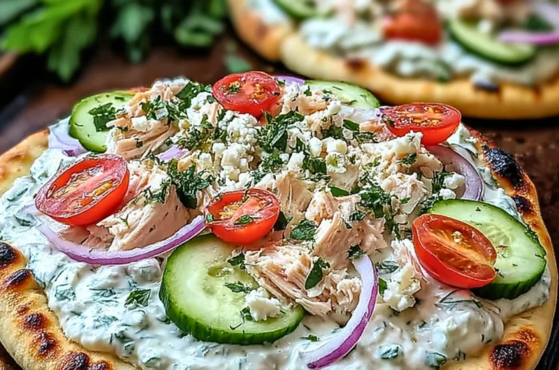 Delicious Tzatziki Chicken Pizza topped with fresh ingredients and tzatziki sauce