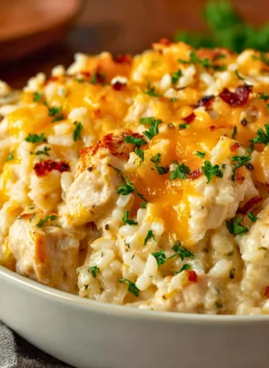 Delicious Angel Chicken and Rice Casserole served in a baking dish