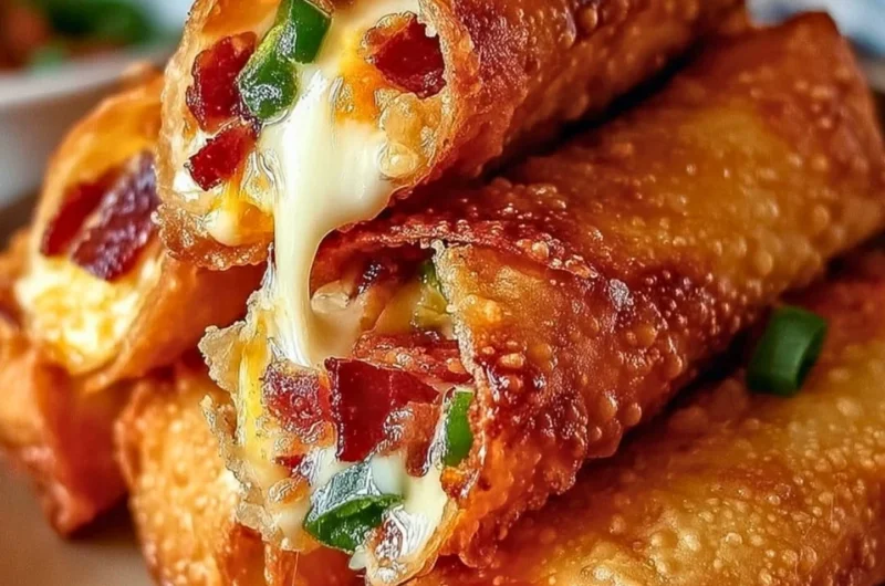 Bacon Jalapeño Popper Egg Rolls served on a plate with dipping sauce