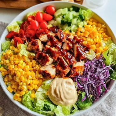 Delicious BBQ chicken chopped salad with colorful veggies and dressing.