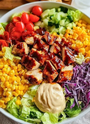 Delicious BBQ chicken chopped salad with colorful veggies and dressing.