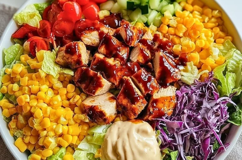 Delicious BBQ chicken chopped salad with colorful veggies and dressing.