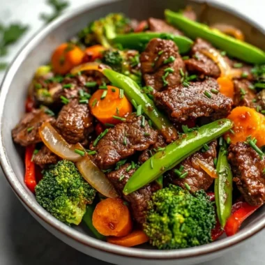 Delicious beef stir fry with colorful vegetables served in a bowl