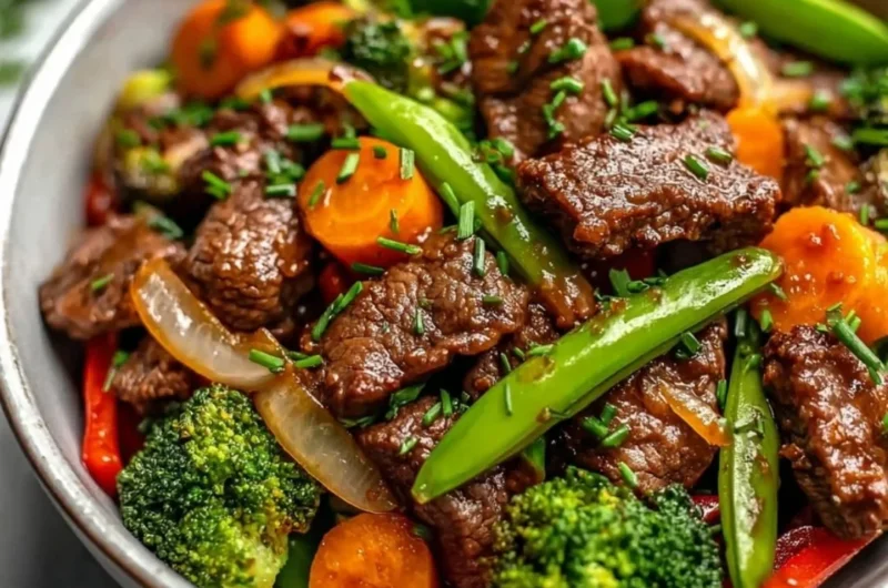 Delicious beef stir fry with colorful vegetables served in a bowl