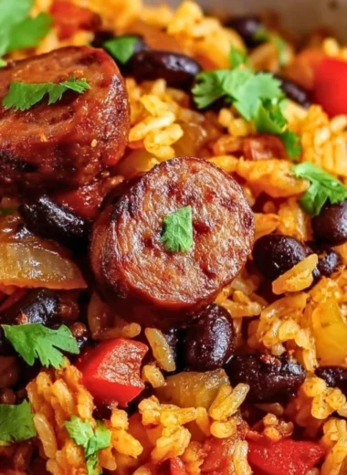Plate of black beans and rice with sausage garnished with fresh herbs