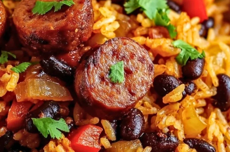 Plate of black beans and rice with sausage garnished with fresh herbs