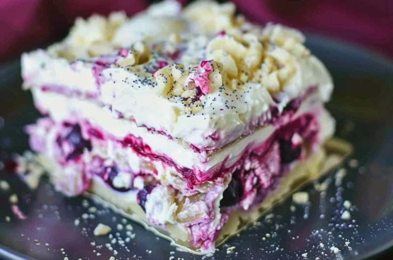Delicious Blueberry Cream Cheesecake Lasagna served on a dessert plate