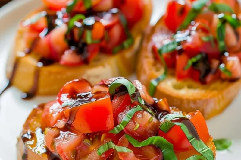 Delicious bruschetta topped with fresh tomatoes and basil on toasted bread.