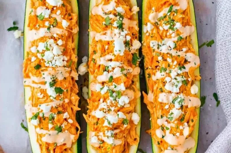 Buffalo Chicken Stuffed Zucchini Boats garnished and ready to serve