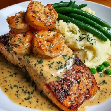 Cajun Shrimp and Salmon with garlic cream sauce, mashed potatoes, and green beans