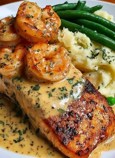 Cajun Shrimp and Salmon with garlic cream sauce, mashed potatoes, and green beans