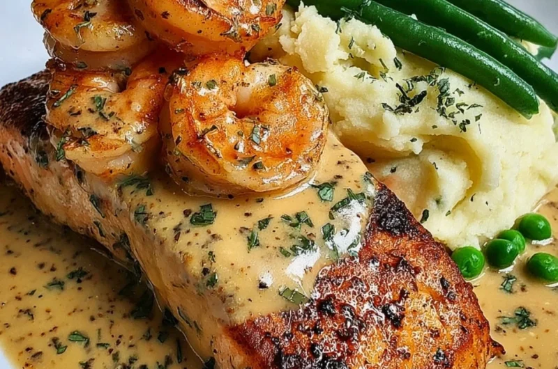 Cajun Shrimp and Salmon with garlic cream sauce, mashed potatoes, and green beans