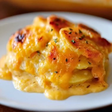 Delicious cheesy potatoes topped with melted cheese and herbs