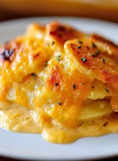 Delicious cheesy potatoes topped with melted cheese and herbs