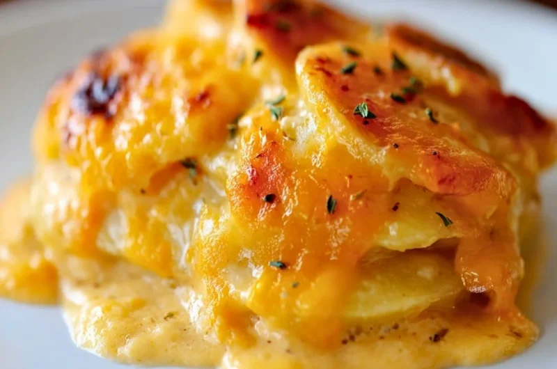 Delicious cheesy potatoes topped with melted cheese and herbs