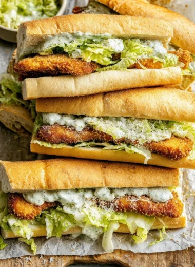 Chicken Caesar Sandwich with crispy chicken, Caesar salad, and Parmesan on soft bread